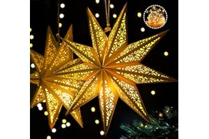 ‎HOUISM HOUISM Papierstern Lampenschirm 2Stück, Papier Lantern zum Aufhängen Faltsterne Weiß Papierstern Beleuchtet für Weihnachtsbaumspitze Hochzeit Silvester Party Fensterdeko(Inc. 3er Lichterkette)