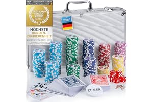 Professionellt pokerfodral pokerset inkl. 300-500 marker högkvalitativa pokermarker; pokerdäck, kortlek, pokerkort, tärningar, dealerknapp; låsbart aluminiumfodral (Silver, 300 chips)
