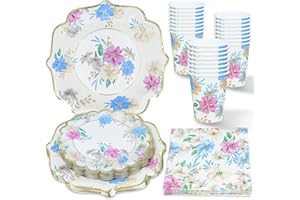 ZVK Floreale Piatti da carta, Tovaglioli di carta, Bicchieri di carta per feste Beige con lamina d'oro 96 pezzi Set di piatti usa e getta per feste di cocktail, Matrimonio, Anniversario, Festa del tè