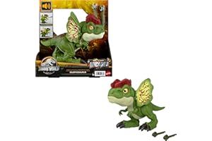 JURASSIC WORLD Dilophosaurus - Dinosaurierspielzeug mit Geräuschen und Pfeilen für wilden Kampfspaß authentisches Aussehen, 20 cm lang, für Kinder ab 4 Jahren, HNT66