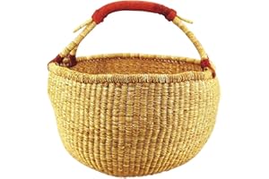 CIFFRE ok. 40 cm Bolga okrągły koszyk Afryka Ghana koszyk na zakupy skórzany uchwyt naturalny kolor naturalny