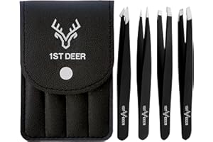 1st Deer Pinzette - Set di 4 Pinzette di Precisione Professionali in Acciaio Inossidabile per Sopracciglia, Rimozione Peli del Viso, Peli Incarniti, Punti Neri e Zecche - Nero