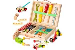 KIDWILL Kit di Attrezzi da Lavoro per Bambini, Cassetta Degli Attrezzi in Legno con Strumenti in Legno Colorati, Set di Giocattoli da Costruzione Giocattolo Educativo Creativo