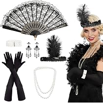 1920er Jahre Flapper Kostüm Set – Perlenkette, Handschuhe, Zigarettenspitze