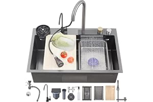 Ribanedy fregadero cascada multifuncional 85 x 45 cm,fregadero cocina 1 seno inoxidable con grifo de carga superior multifuncional, lavavasos y juego de accesorios para fregadero