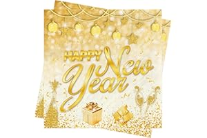 SUPJADE New Year's Eve Napkins Decorations - 40Pcs Gold Happy New Year Paper Naokin 33x33 cm Serviettes Birthday Wedding Party Table Decorations