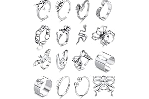 Kakonia 16Pcs Silver Goth Punk Rings Set for Men Women Frog Snake Butterfly Spider Eye Animal Ring Adjustable Cool Gothic Statement Stacking Rings Y2K Accessories
