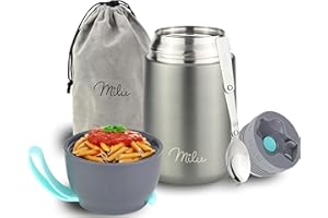 Milu Thermo per Alimenti 300ml 440ml 450ml 650ml 800ml I Contenitore Termico di Acciaio Inossidabile, Isotermico Sottovuoto per Cibi Caldi e Freddi (Grigio, 650ml)
