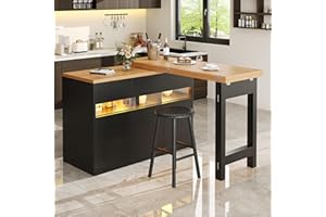 ‎KEBNOR Kebnor Ausziehbarer Bartisch mit LED-Beleuchtung und 360° Drehfunktion, Höhenverstellbar 120-180cm, Moderner Kücheninsel Tisch mit Stauraum, für Wohnzimmer, Esszimmer, Homeoffice