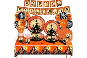 DUGEHO Party Tableware Balloon Paper Plates Kids Birthday Set Including Tablecloth Plates Cups Napkins Straws for Halloween Birthday Party (16 Guests)
