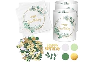 LUCKEEY 20 Stück Servietten Happy Birthday+ 12 Stück Windlicht Tischdeko Geburtstag + 100 Stück Konfetti Geburtstag Deko Grün, Geburtstagsdeko Frau Mann Mädchen Junge Kinder, Eukalyptus Tisch Deko