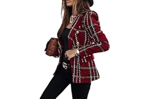 FeMereina Womens Tartan Blazers Suit Long Sleeve Lapel Collar Jacket Double Breast Houndstooth Suit Tops for Work Office