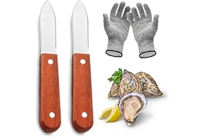 BEWOS Set di coltello per ostriche da 6,8 pollici/17,3 cm, 2 pezzi – con manico in legno di alta qualità,guanto antitaglio per ostriche in 4 pezzi, adatto per sgusciare tutti i tipi di molluschi