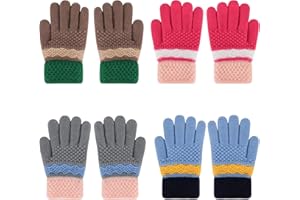 JUPSK Rękawice dziecięce, zimowe, dzianinowe rękawiczki w paski, magiczne rękawiczki z pełnymi palcami, rozciągliwe, grube, ciepłe rękawiczki dziecięce dla chłopców i dziewcząt, 4-9 lat, 4 pary, Wielokolorowy, Rozmiar uniwersalny