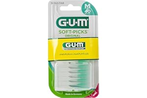 GUM Sunstar G.U.M Soft Picks-632 Bâtonnets interdentaires doux en caoutchouc. Sans métal ni latex., Blanc/Vert - 50 Unités - Taille M