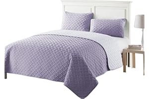 MIA we dress your home Luxury Quilted Bedspread Set – 3 Piece Reversible Coverlet with Matching Pillowcases | Large Sofa Throw Blanket Bedding Cover | Easy Care (Purple, Double, Basket Weave)