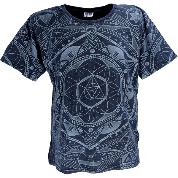 GURU SHOP Mirror T-Shirt – Mandala Design, Weiß, 100% Baumwolle, Herren, Größe L, Handgedruckt