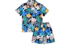 Xumplo Boys Hawaiian Outfits Kids Button Down Shirt and Shorts Set Children Leaf Print Hawaiian Summer Suit 7-12Y