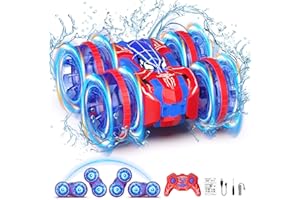 fygurso 4WD Waterproof Remote Control Car，Amphibious 2.4 GHz RC Cars Remote Control Boat，360°Rotation RC Stunt Car with LED Lights，Boys Girls Gifts All Terrain Water Beach Pool Toy