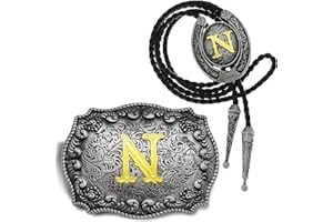 Yjfeshion 2 Pieces Western Cowboy Belt Buckle Bolo Tie Set Golden Initial Letter ABCJ to Z Rodeo Belt Buckles for Women Men