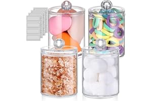 WACAR Paquete de 4 soportes Qtip, tarros de boticario con tapas, dispensador de punta Q de 10 onzas para bola de algodón, hilo dental, tarro de boticario de plástico transparente para tocador