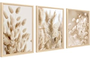 3 st inramad kanvas väggkonst botanisk vildblomma kanvastryck beige Pampas gräs salvia blommiga bilder för vardagsrum sovrum