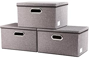 PRANDOM Storage Box with Lid, Foldable Linen Fabric Storage Boxes, Storage Basket with Handle, Decorative Stacking Boxes, Organiser Container, Grey, Pack of 3, 29 x 22 x 17 cm