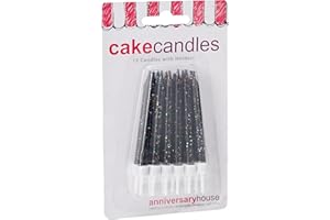 Anniversary House Pack of 12 Black Glitter Birthday Candles with Holders, 7.5 Centimeters, Celebration Cake Decoration, AHC151