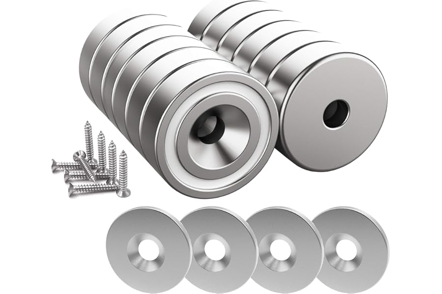 Magnetpro 12 Pieces Magnet 25 LB Force 20 x 7 mm with Countersunk Hole and Steel Capsule, Pot Magnets with Screws and 12 Steel Pads (Bright Silver)