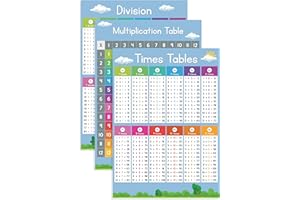 labelandleaf Times Tables Poster Multiplication Division - Set of 3 x A3 450gsm Laminated - Educational Maths Wall Chart (29.7cm x 42cm each)