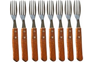 ESTHELAR SELECT Pack 8 Tenedores Chuleteros con Mango de Madera | Especial para Carne, BBQ | En Acero Inoxidable | Juego de Tenedores de Cocina de Mesa, Camping, Trabajo, Colegio