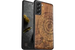 Carveit Funda con Compatible Galaxy S22 Accesorios Carcasa [Única Madera y Silicona Híbrido Carcasa] Absorción de Impacto para Samsung S22 Carcasa estético (Nogal-brújula Grandes)