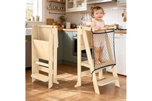 BEISTY Toddler Standing Tower Step Stool - Stable Height Adjustable Kids Toddler Stool Folding Kitchen Learning Helper for Learning and Cooking - Ages 18 Months to 6 Years with Safety net Natural