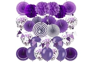 ZERODECO Party Decorations, Purple Confetti Balloons Decorative Folding Fans Paper Pompoms Triangle Bunting Flags Garlands for Graduation Wedding Birthday Baby Shower Mermaid Party Decorations