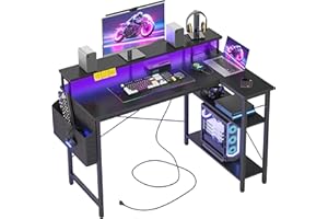 BEXEVUE Scrivania Angolo con LED Ciabatta - 120x70cm Grande Tavolino Computer Forma L Ripiani Portaoggetti, Scrivania Angolare Reversibile Gaming Informatica, Studio Gioco Lavoro Casa Camera da Letto