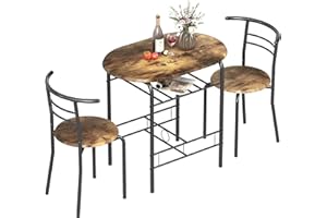 HOMCOM Dining Table and Chairs Set 3, Breakfast Bar Table and 2 Chairs with Storage Shelf, Wood-Effect Tabletop, Metal Frame, Dining Room Set for Living Room, Small Space, Rustic Brown