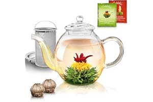 ‎CREANO Creano Czajniczek ze szkła z wyjmowanym zaparzaczem do herbaty ze stali nierdzewnej, zawiera 2 kwitnące herbaty, 1000 ml