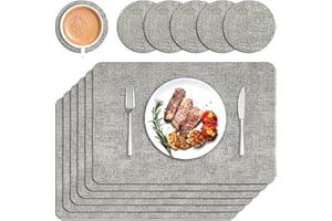Sarsumir Placemats, Placemats and Coaster Sets 6 Place Mats and 6 Coasters PU Leather Dining Table Mats Washable Heat Resistant Non-Slip for Home Kitchen Restaurant, Light Grey