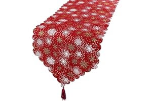 BHGT Camino de Mesa Navideño 180 * 35cm Arpillera Decoración de Navidad Corredor de Mesa Tapete Adorno Rojo con Copos de Nieve