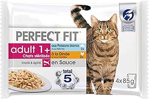 MARS PERFECT FIT Repas pour Chat Adulte Stérilisé - 52 Sachets Fraîcheur (Lot de 13 Packs de 4x85g) - Pâtée pour Chat en Sauce à la Dinde / aux Poissons blancs - Nourriture Complète & Equilibrée