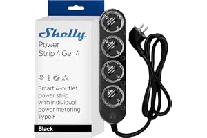 Shelly Power Strip 4 Gen4 svart – Matter WLAN flera uttag, 4-vägs smart grenuttag, effektmätning, 16 A total, 3 500 W, timer