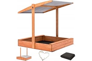 SUNWOOD Sandpit Impregnated with Adjustable Roof with Sun Protection with UV 100+ Protection, Sandbox with Sandpit Fleece, Wood, Sandbox (100 x 100 cm, Grey)