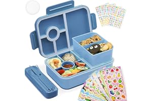Bugucat Brotdose Kinder mit Fächern 1300ML, Auslaufsicher Lunchbox Kinder mit 16 Aufkleber, Bento Box mit Besteckset, Brotdose Vesperdose Frühstücksbox für Mädchen & Jungen,Dunkelblau