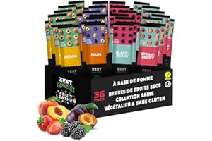 Zest Delites Fruits Secs, Pate de Fruit, Collations Sans Gluten, Bonbons Aux Fruits Végétaliens, Collation Aux Fruits Sains, Fruit Roll Ups Végétaliens, 4 Saveurs, Pêche, Prune, Baie Et Fraise 36x25g