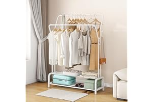 JURMERRY Metal Clothes Rail Double Pole Coat Rack Freestanding Garment Rack Hanger With 2-Tier Lower Storage Shelf for Bedroom Home Office Indoor, White