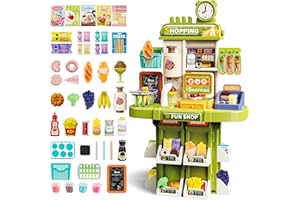 ​​deAO Supermarket Playset for Kids, 48 PCS Role Play Grocery Shop with Realistic Food, Scanner, Cash Register, Ice Cream Maker, Price Tag Shelves, Pretend Play Shop Toy Gift for Kids 3+​​ (Green)