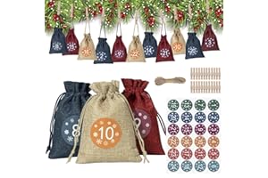 MOONSING Calendario de Adviento para Rellenar, Bolsa de Regalo Yute Navidad de Cuenta Regresiva con 1 a 24 Etiqueta Digital Clip de Madera Soga para Fiesta de Cumpleaños, Matrimonio, Bautismo