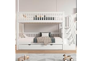 Rtopsu Letto per Bambini a Castello 90x200 cm con LettoEstraibile e Contenitore, Letto a Soppalco con Scala per 2-3 Ragazzi, Rete a Doghe in Legno, Bianco, Senza Materasso