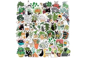 FOCRI Gatti e Piante Adesivi, 50PCS Adesivi per Piante in Vaso Verdi, Cartone Animato Gatto Nero Sticker in Vinile Impermeabili per Bottiglia d'Acqua, Laptop, Regali per Bambini Adolescenti Adulti