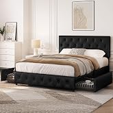 Yaheetech Upholstered Leather Bed with Storage Space 140 x 200 cm Black | Upholstered Bed Frame Padded Bed with 2 Drawers, He